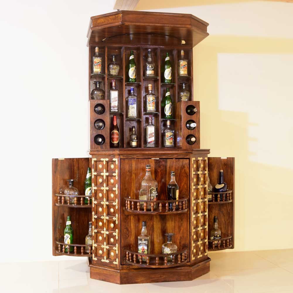 Rajputana Solid Wood Bar Cabinet With Brass Work & Single Door