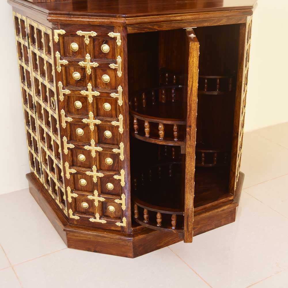 Solid Wood Brass Bar Cabinet - Vishwakarma Arts